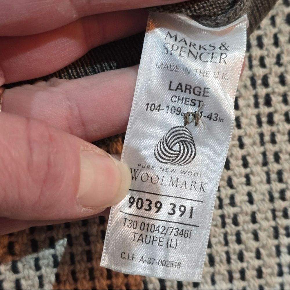Marks & Spencer Mens Taupe Gray Merino Wool Extra Fine Collared Henley Sweater L — image 6 of 8